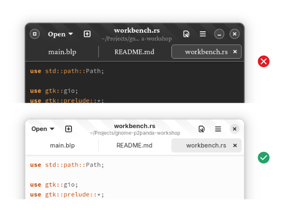 Examples of screenshots with default settings and custom font, window button layout, and high contrast enabled.